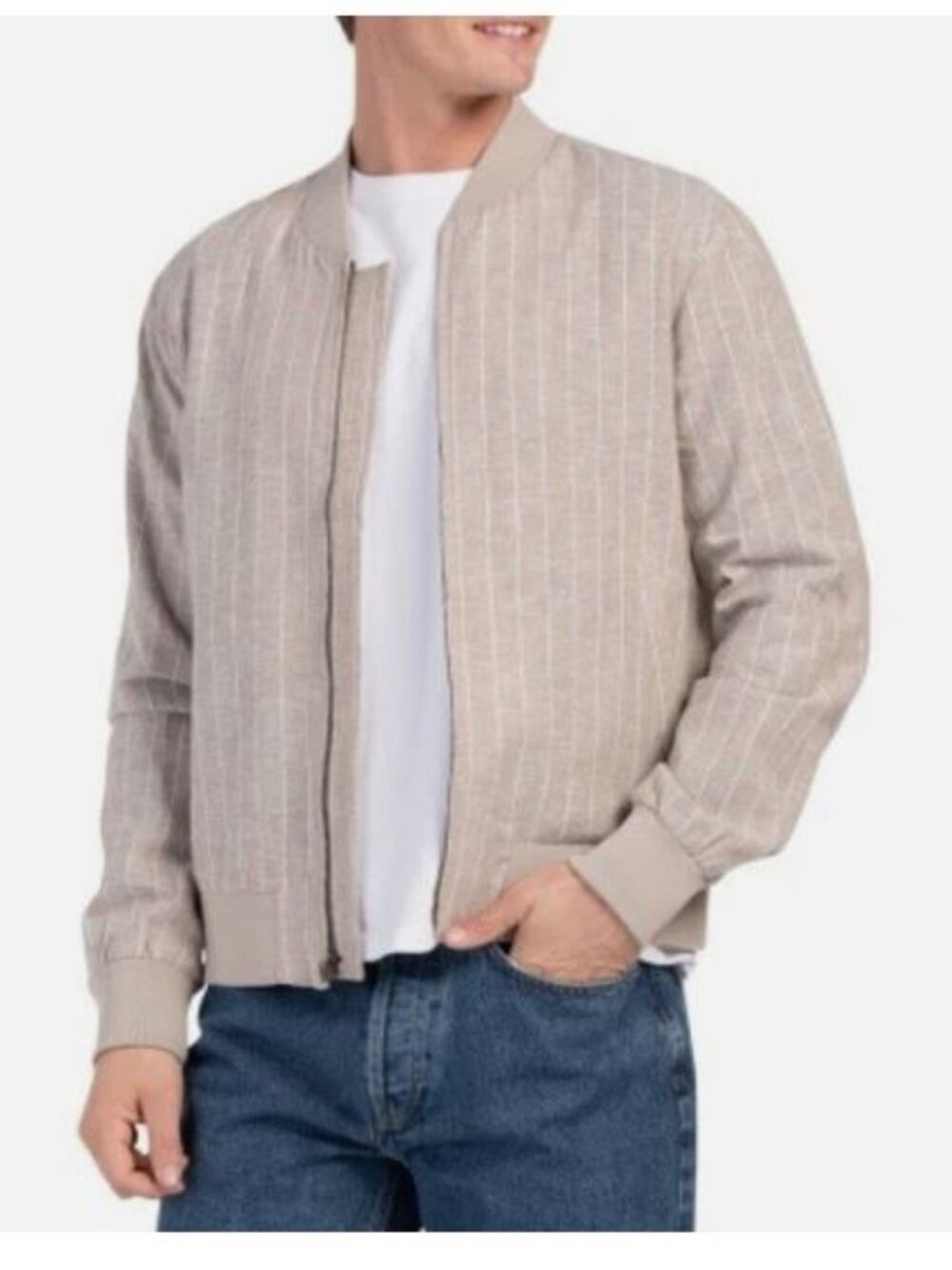 7 FOR ALL MANKIND Linen Blend Pinstripe Bomber Jacket Men's Size M Neutral Color
